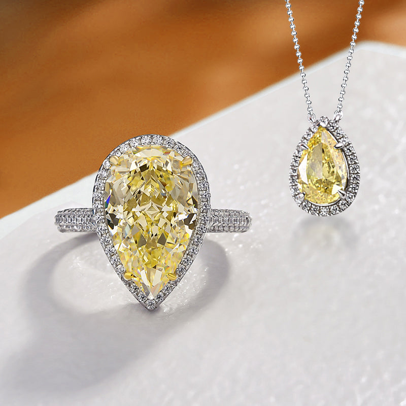 Exquisite Halo Pear Cut Yellow Sapphire 2PC Jewelry Set In Sterling Silver