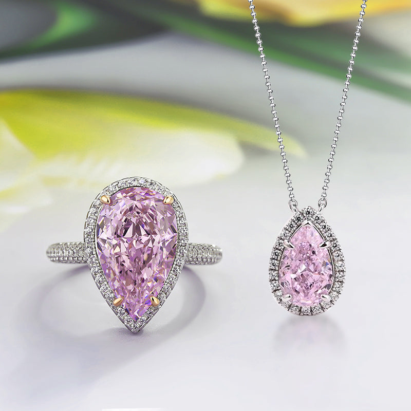 Elegant Halo Pear Cut Pink Sapphire 2PC Jewelry Set In Sterling Silver