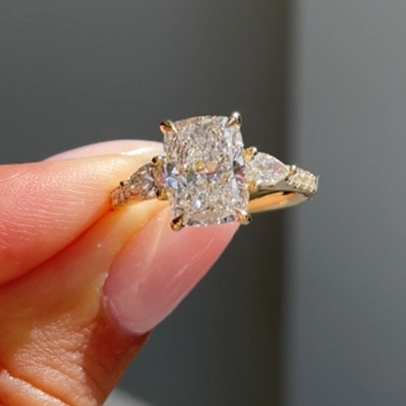 Ahabobo Cushion Cut Three Stone Engagement Ring With Two Pear Cut Side Stones