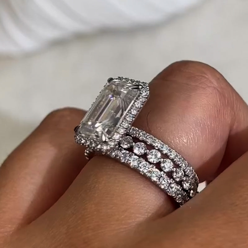 Maxine 3PC Halo Emerald Cut Wedding Ring Set With Classic Wedding Bands