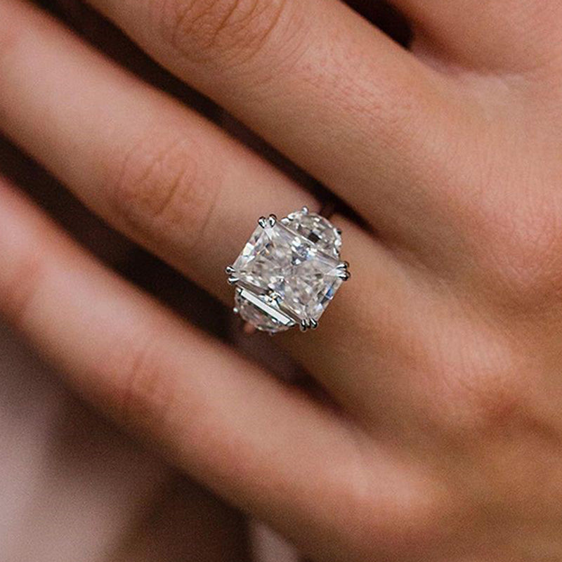 Gorgeous Radiant Cut Three Stone Engagement Ring In Sterling Silver