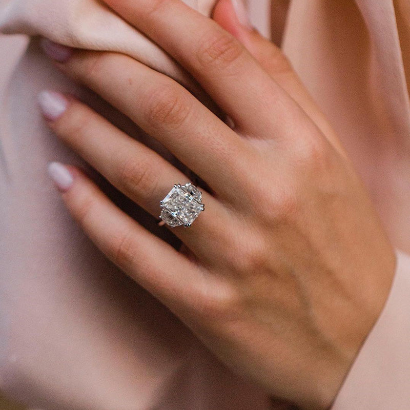 Gorgeous Radiant Cut Three Stone Engagement Ring In Sterling Silver