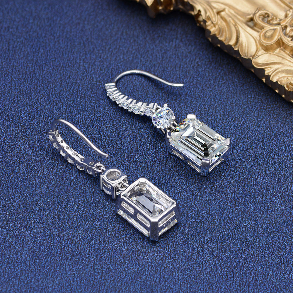 6.0Ct Emerald Cut Simulated Diamond Drop Earrings In Sterling Silver