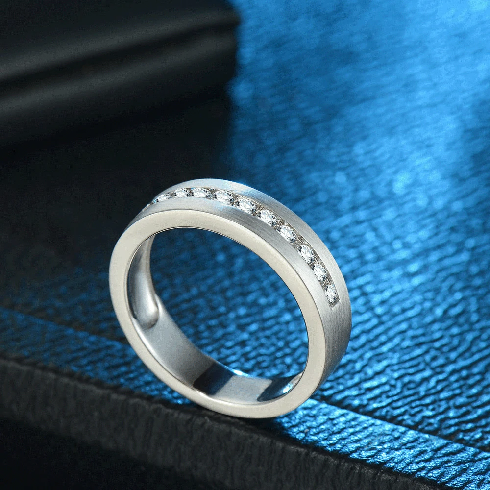 Classic Round Cut White Sapphire Men's Wide Wedding Band In Sterling Silver