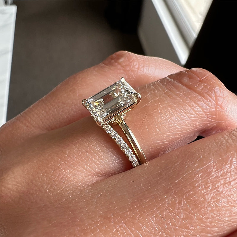 Ahabobo Classic Emerald Cut Wedding Ring Set With Pave Wedding Band