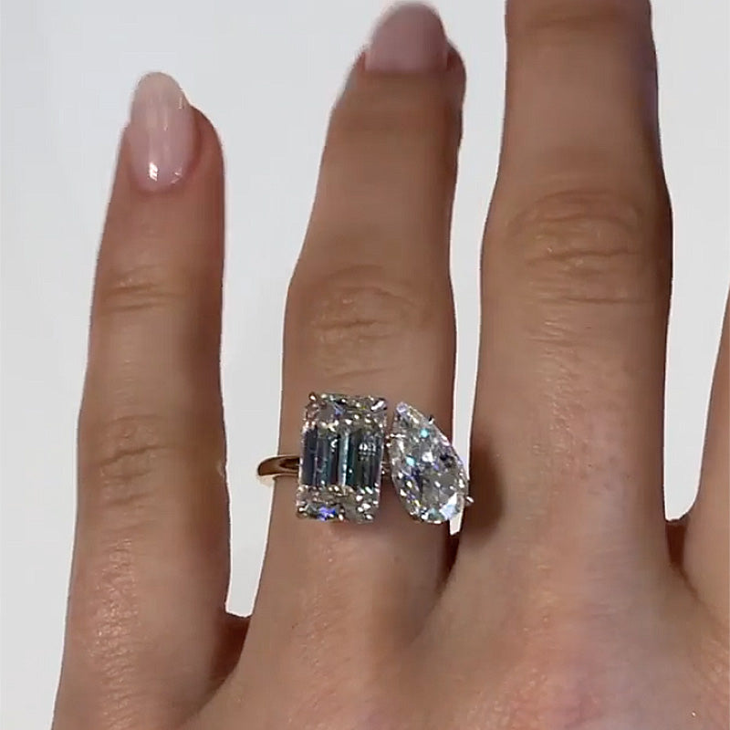 Unique Double Stones Design Emerald Cut & Pear Cut Engagement Ring In Sterling Silver
