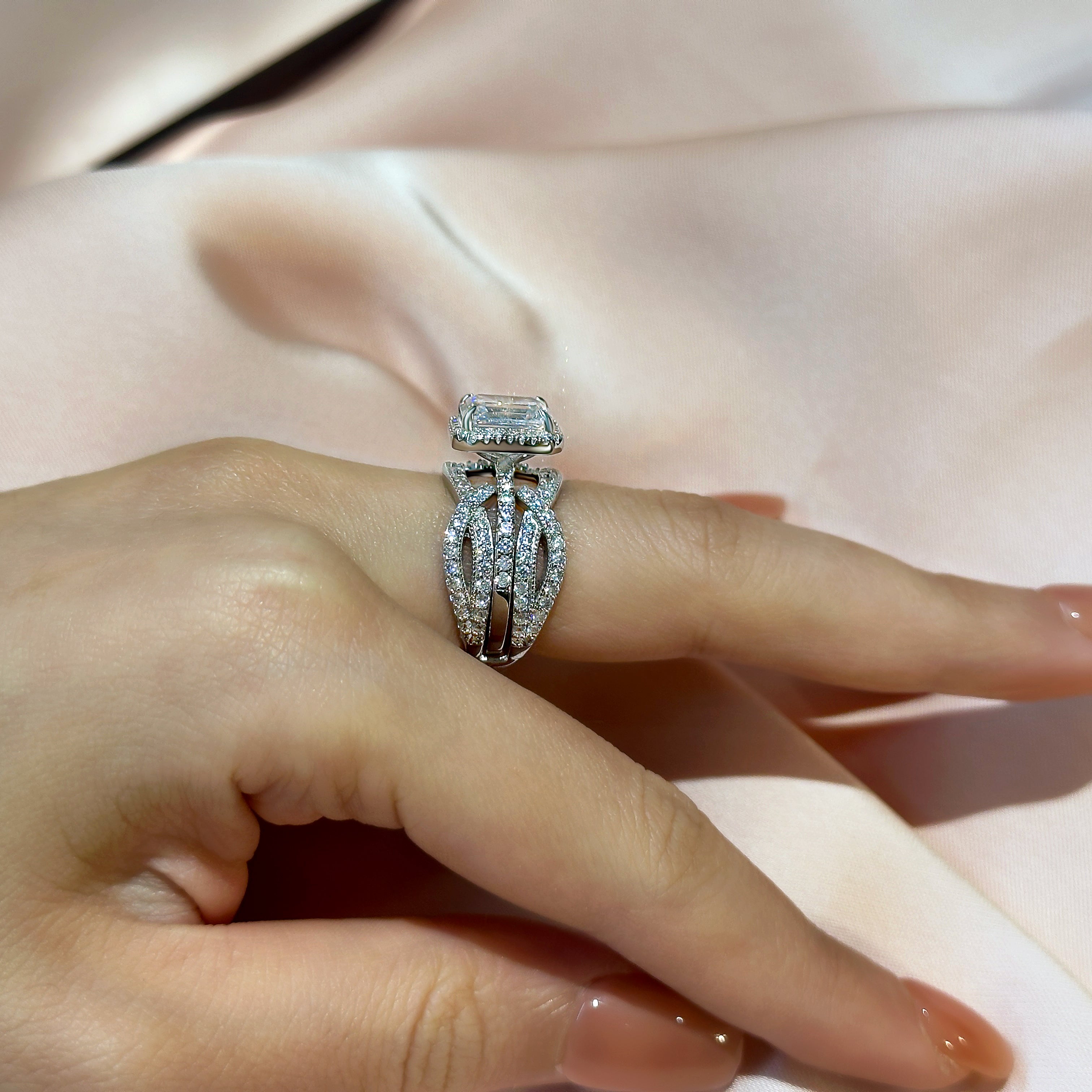 Maxine Classic Halo Emerald Cut Insert Wedding Ring Set For Women In Sterling Silver
