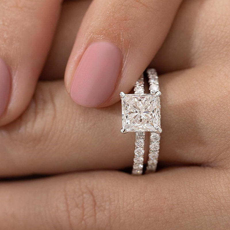 Ahabobo Moissanite 2.0 Carat Square Princess Cut Wedding Ring Set In Sterling Silver