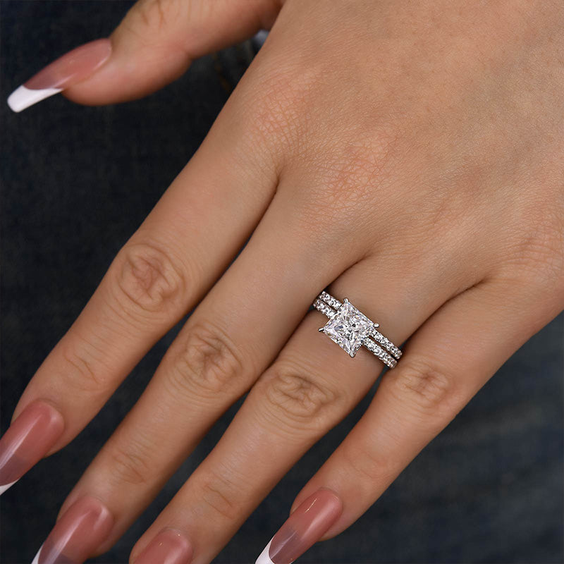 Ahabobo Moissanite 2.0 Carat Square Princess Cut Wedding Ring Set In Sterling Silver