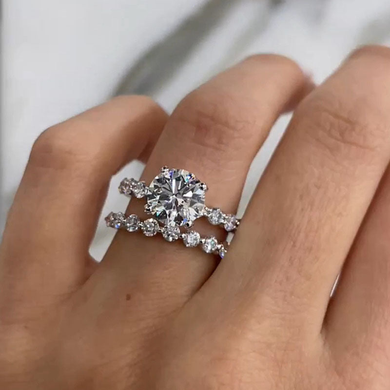 Maxine Classic Moissanite 2.0 Carat Round Cut Wedding Ring Set With Eternity Wedding Band