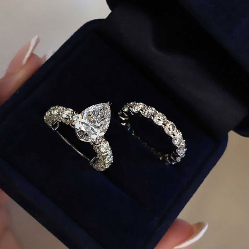 Maxine Classic Halo Pear Cut Wedding Ring Set With Eternity Wedding Band