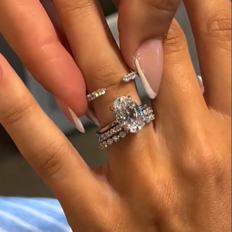 Ahabobo 4PC Oval Cut Wedding Ring Set With Open Wedding Band