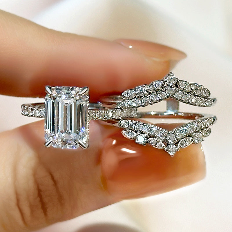 Maxine Vintage Emerald Cut Insert Wedding Ring Set For Women In Sterling Silver
