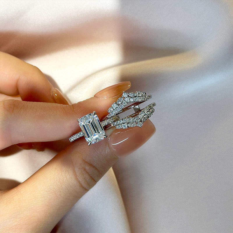 Maxine Vintage Emerald Cut Insert Wedding Ring Set For Women In Sterling Silver