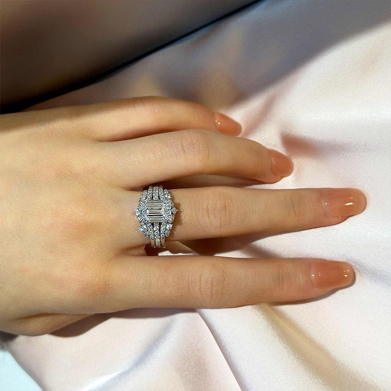 Maxine Vintage Emerald Cut Insert Wedding Ring Set For Women In Sterling Silver