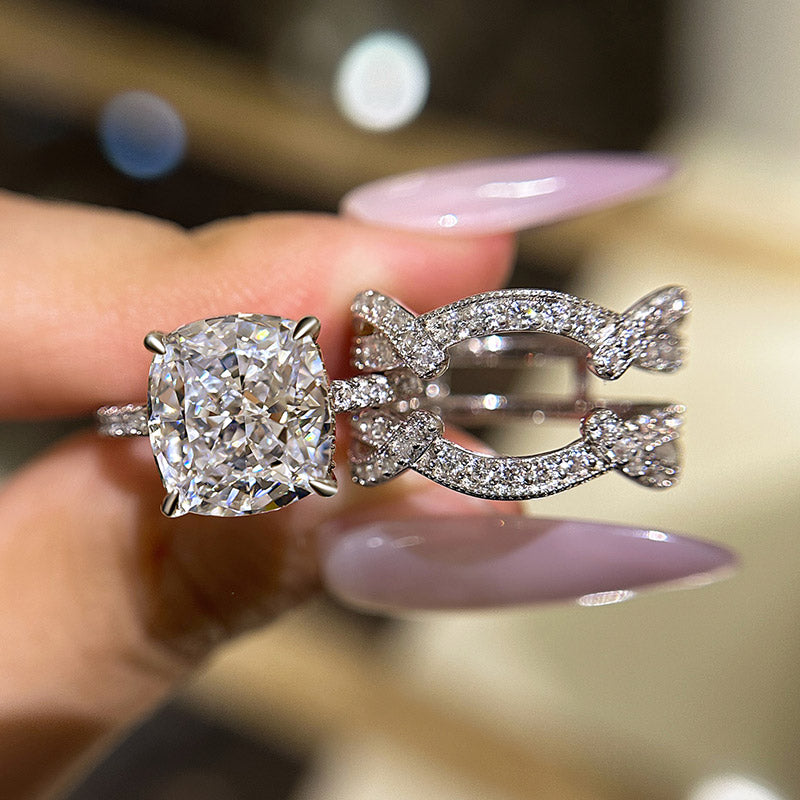 Ahabobo Vintage Cushion Cut Insert Wedding Ring Set For Women In Sterling Silver