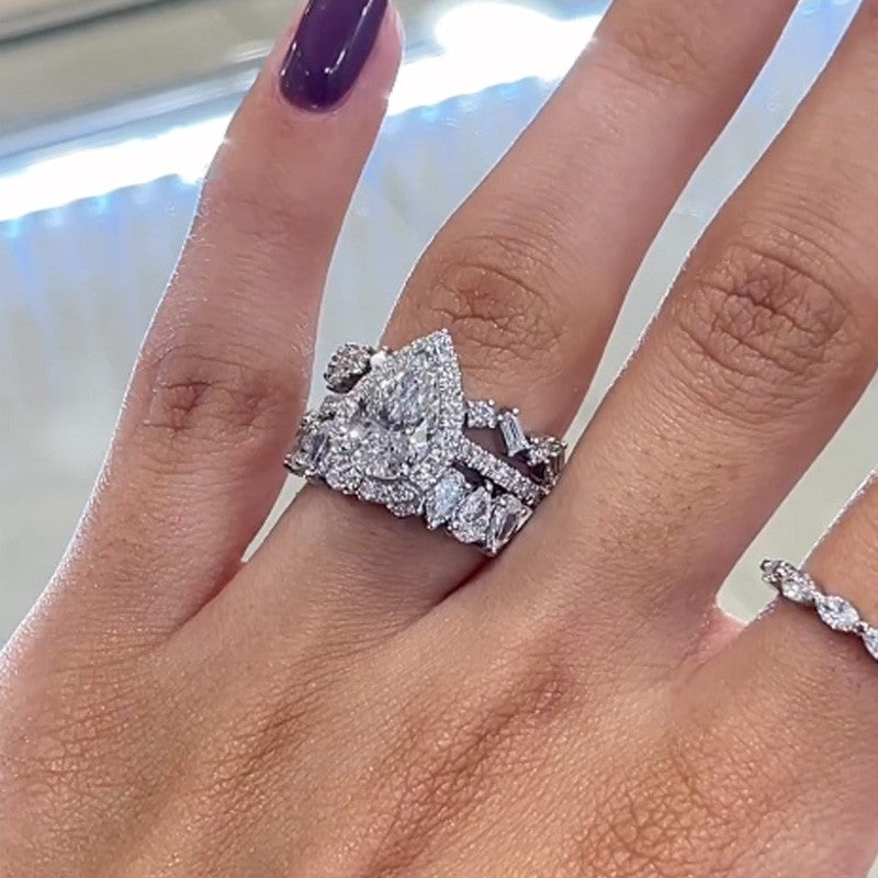 2.2 Carat Halo Pear Cut Wedding Ring Set With Two Luxurious Wedding Bands