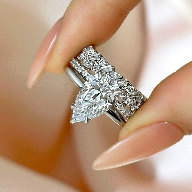 3PC 4.0 Carat Pear Cut Wedding Ring Set With Unique Wedding Band