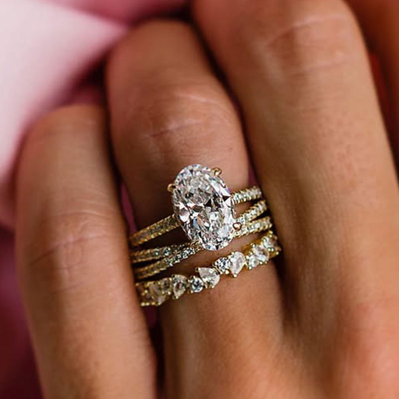 Maxine Classic Yellow Gold Oval Cut Wedding Ring Set With Classic Wedding Band