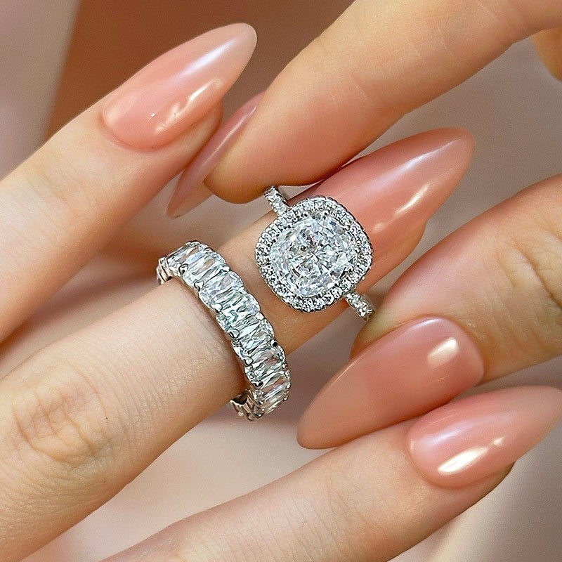 3.0 Carat Halo Cushion Cut Wedding Ring Set With Luxurious Wedding Band