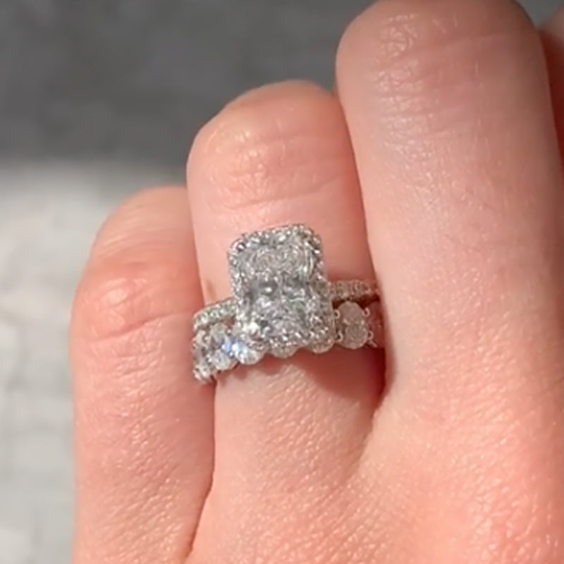 Maxine Halo Radiant Cut Wedding Ring Set With Half Oval Cut Wedding Band