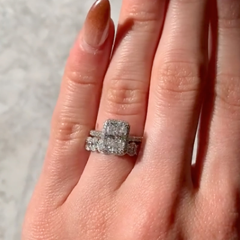 Maxine Halo Radiant Cut Wedding Ring Set With Half Oval Cut Wedding Band