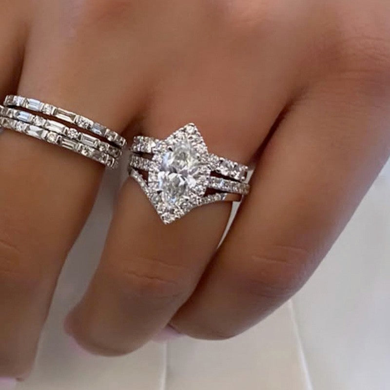 3PC 3.0Ct Halo Marquise Cut Wedding Ring For Travel With Curved Wedding Band & Classic Wedding Band