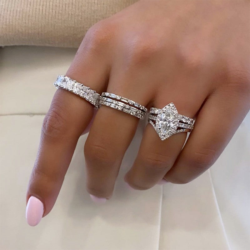 3PC 3.0Ct Halo Marquise Cut Wedding Ring For Travel With Curved Wedding Band & Classic Wedding Band