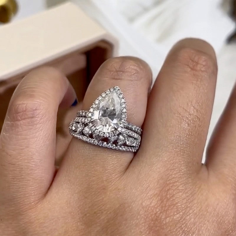 2.2Ct Halo Pear Cut Wedding Rings Travel Ring With Luxe 3-Row Wedding Band