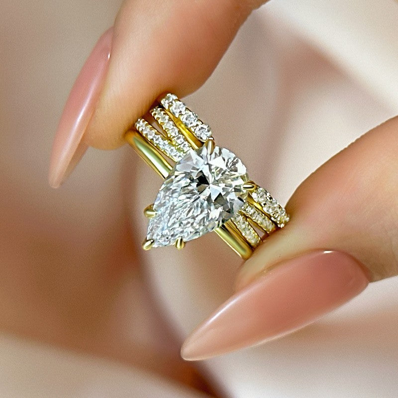 3PC Pear Cut Yellow Gold Wedding Ring Set With Open Wedding Band & Cross Wedding Band