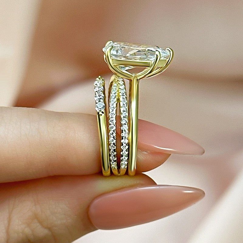 3PC Pear Cut Yellow Gold Wedding Ring Set With Open Wedding Band & Cross Wedding Band