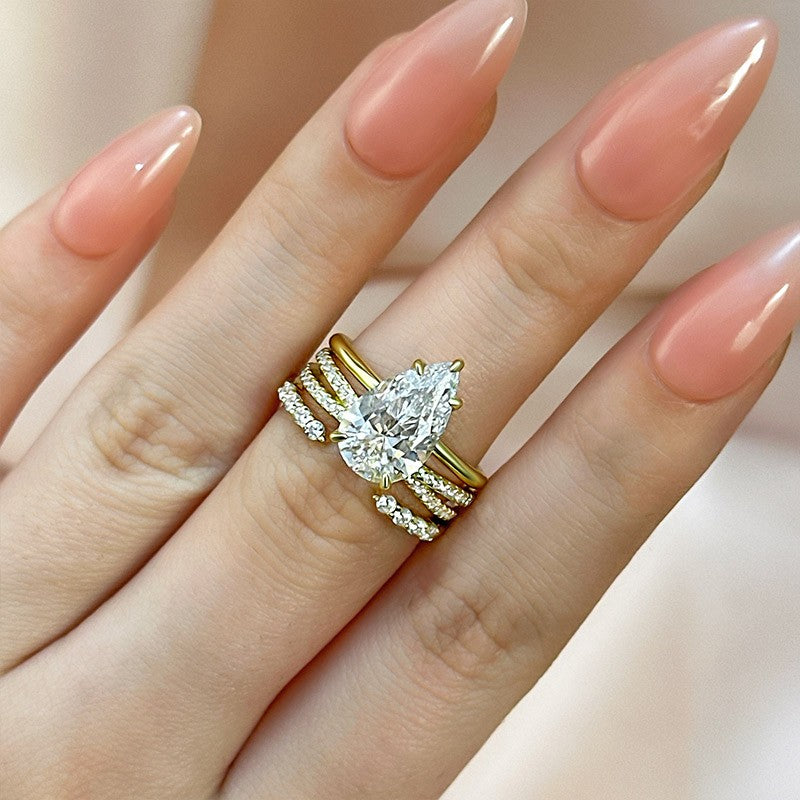 3PC Pear Cut Yellow Gold Wedding Ring Set With Open Wedding Band & Cross Wedding Band