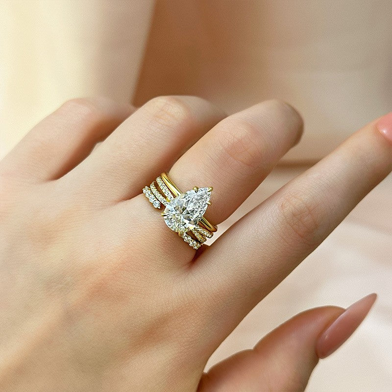 3PC Pear Cut Yellow Gold Wedding Ring Set With Open Wedding Band & Cross Wedding Band