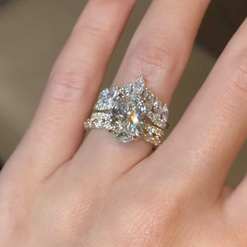 Maxine 3PC Oval Cut Wedding Ring Set With Crown Shaped Wedding Band