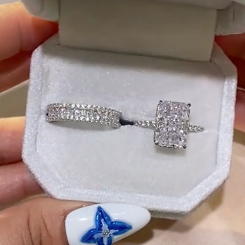 Ahabobo Radiant Cut Wedding Ring Set With 3 Row Design Round Cut Wedding Band