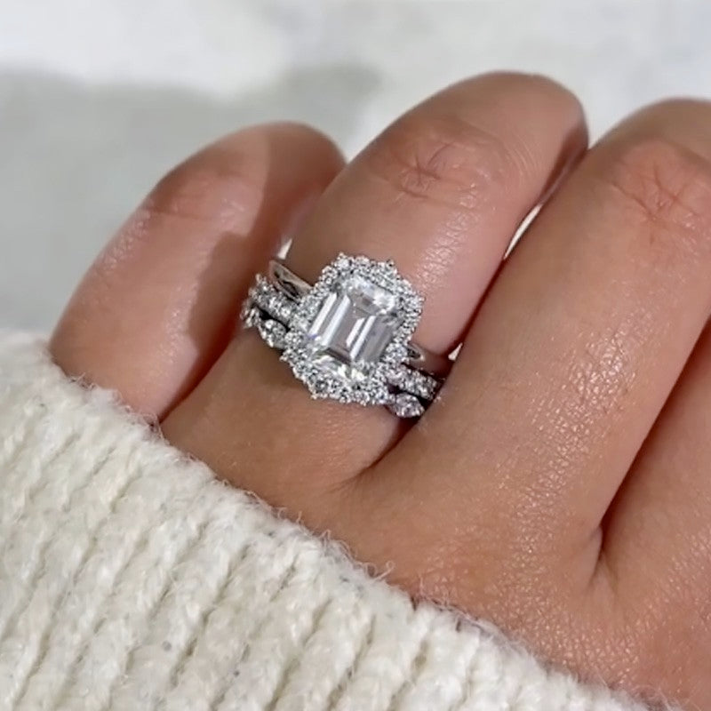3PC 3.0Ct Halo Emerald Cut Wedding Ring Set With Two Classic Wedding Bands