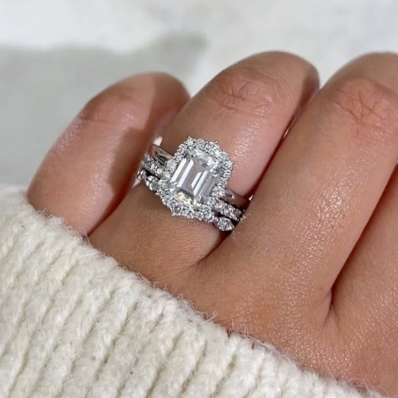 3PC 3.0Ct Halo Emerald Cut Wedding Ring Set With Two Classic Wedding Bands
