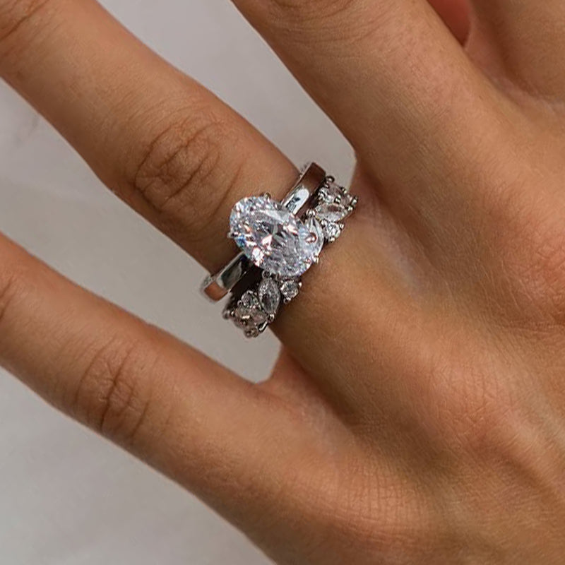 Ahabobo Oval Cut Wedding Ring Set With Marquise Cut & Round Cut Wedding Band