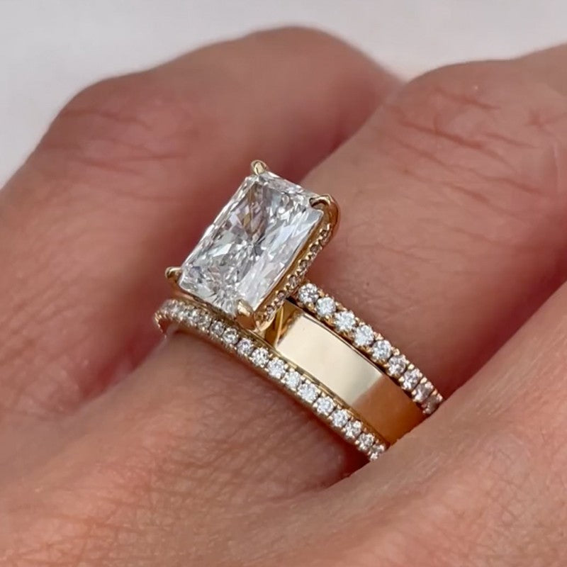 Yellow Gold 4.5Ct Radiant Cut Wedding Ring Set With Wide Wedding Band