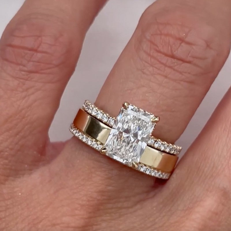 Yellow Gold 4.5Ct Radiant Cut Wedding Ring Set With Wide Wedding Band