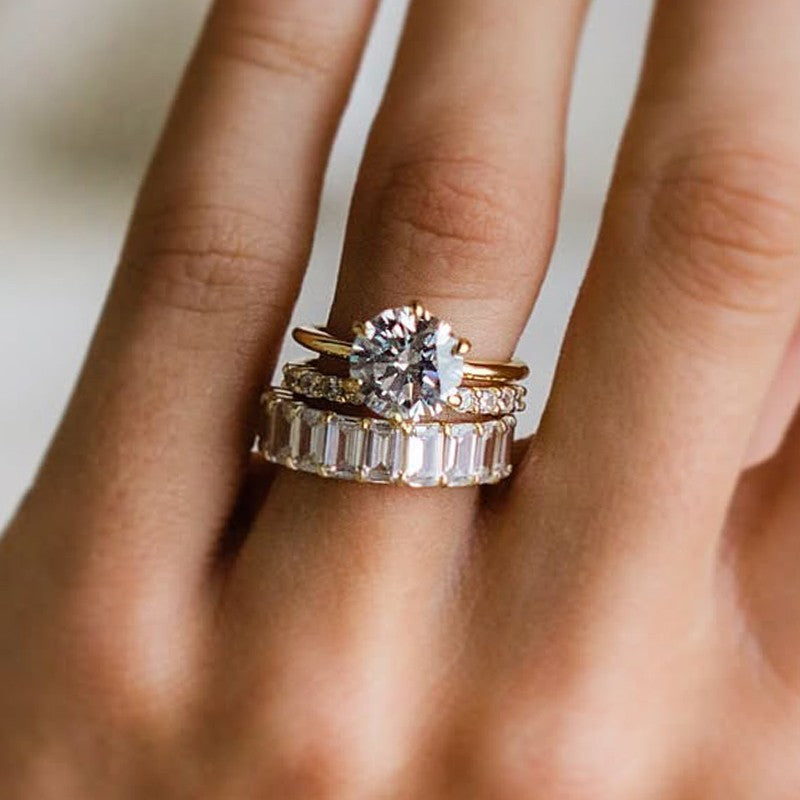 3PC 2.0Ct Round Cut Wedding Ring Set With Open Wedding Band & Emerald Cut Wedding Band