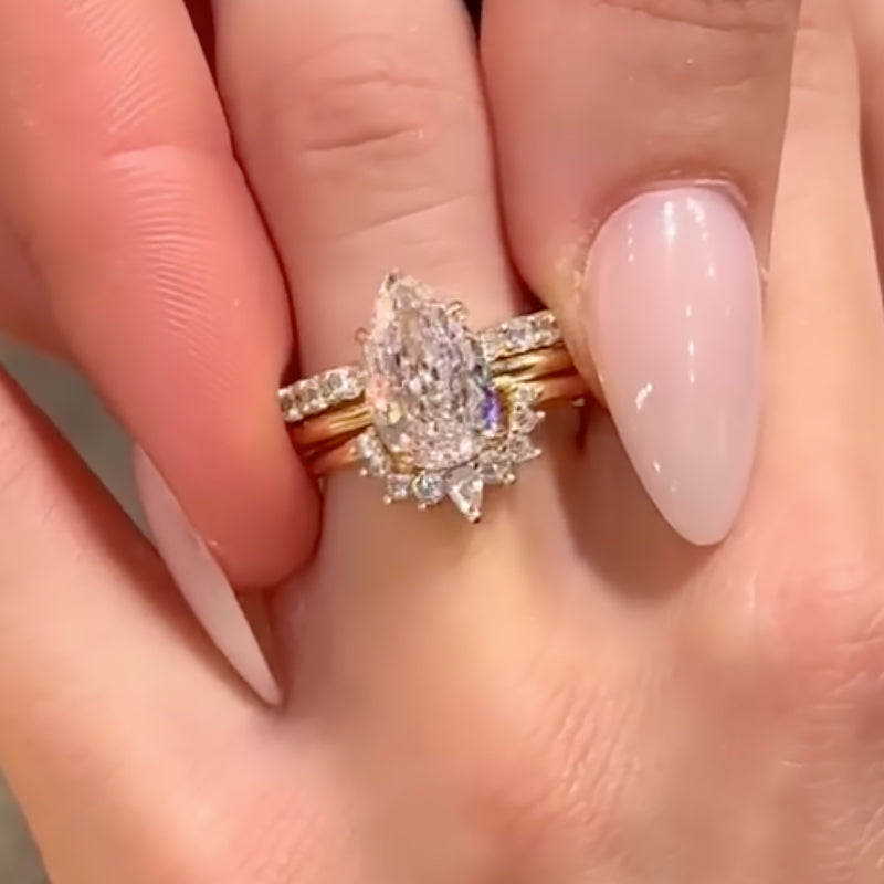 Ahabobo 3PC Vintage Pear Cut Wedding Ring Set With Crown-Shaped Wedding Band