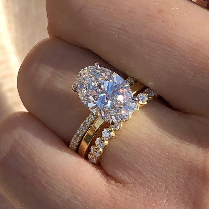 3PC 6.0Ct Oval Cut Wedding Ring Set With Plain Wedding Band & Round Cut Wedding Band