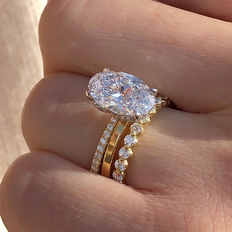 3PC 6.0Ct Oval Cut Wedding Ring Set With Plain Wedding Band & Round Cut Wedding Band