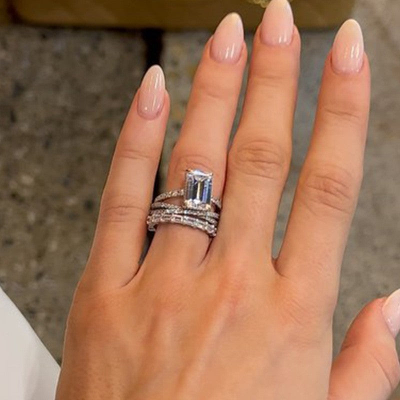 3PC Emerald Cut Wedding Ring Set With Cirss Cross Wedding Band & Emerald Cut Wedding Band