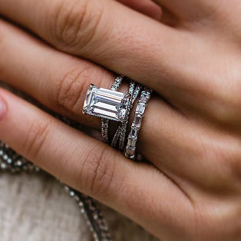 3PC Emerald Cut Wedding Ring Set With Cirss Cross Wedding Band & Emerald Cut Wedding Band