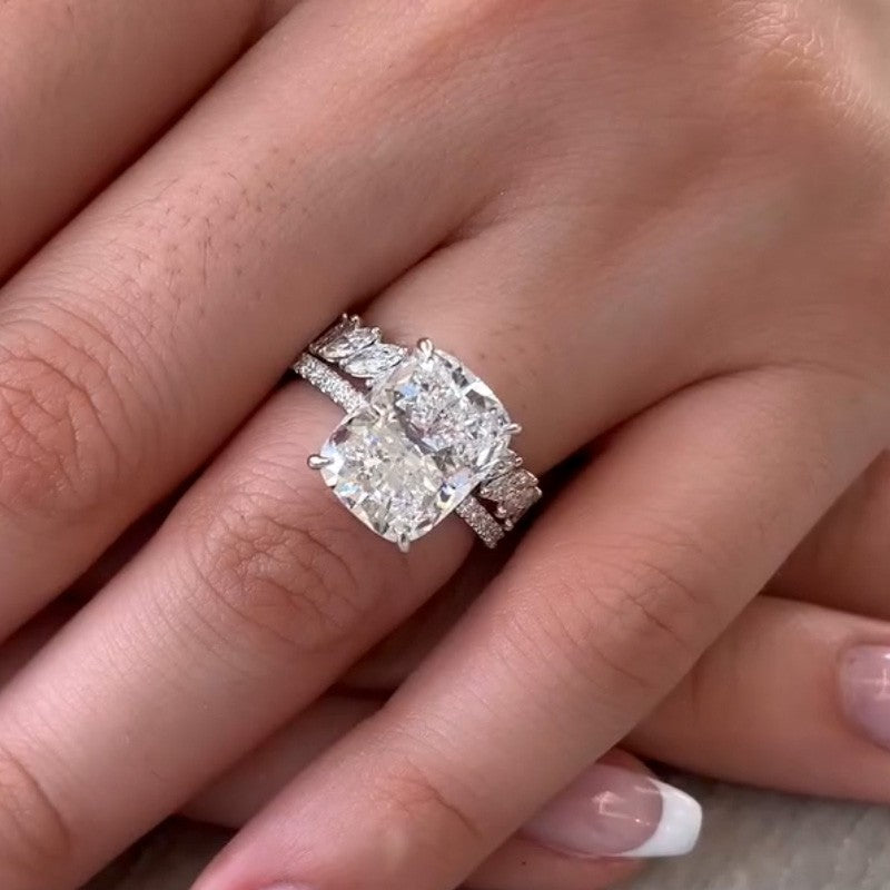 6.5Ct Elongated Cushion Cut Wedding Ring Set With Marquise Cut Wedding Band