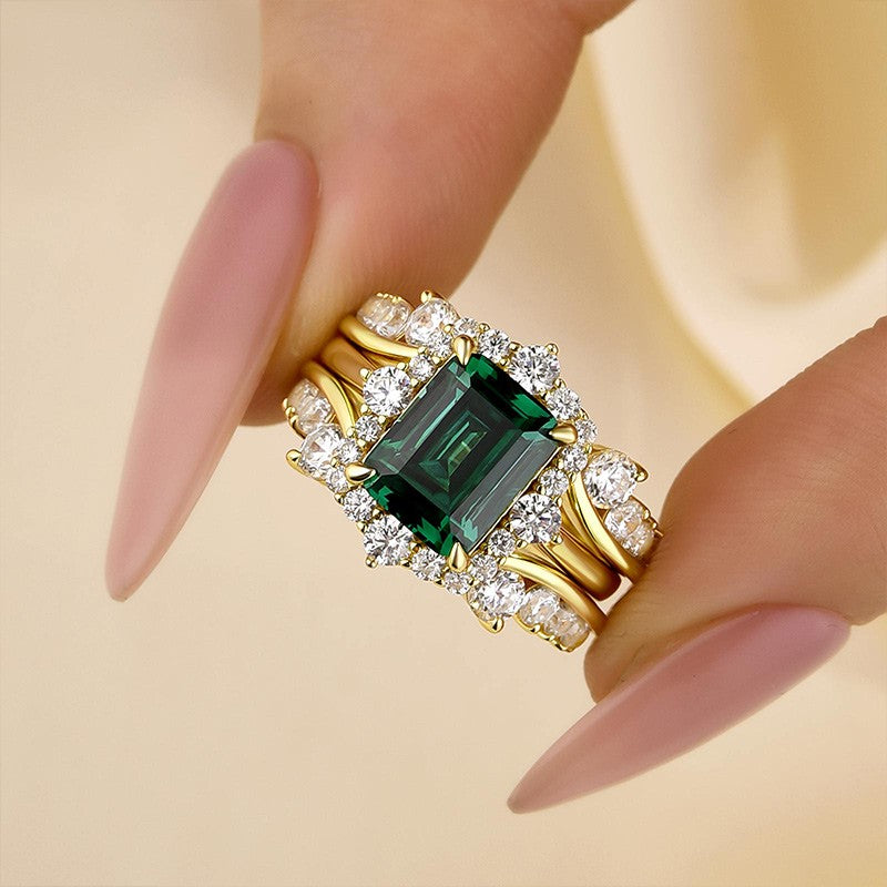 3.0Ct Halo Emerald Cut Insert Wedding Ring Set With Vintage Jacket Wedding Band