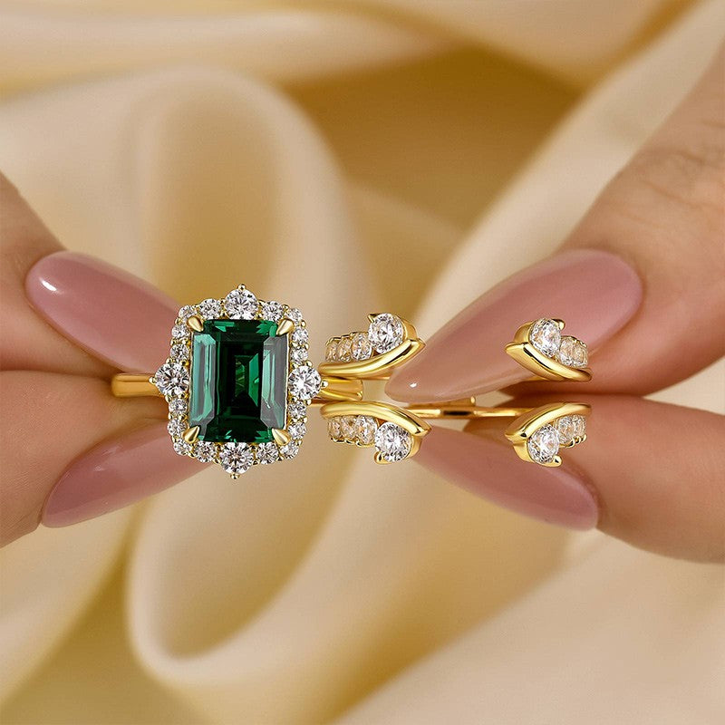 3.0Ct Halo Emerald Cut Insert Wedding Ring Set With Vintage Jacket Wedding Band
