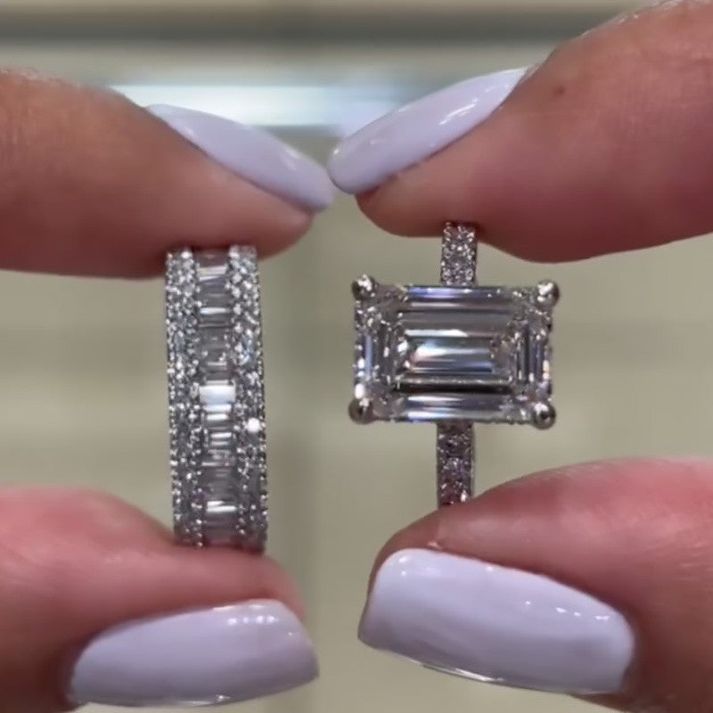 4.5Ct Emerald Cut Wedding Ring Set With Emerald Cut Wedding Band